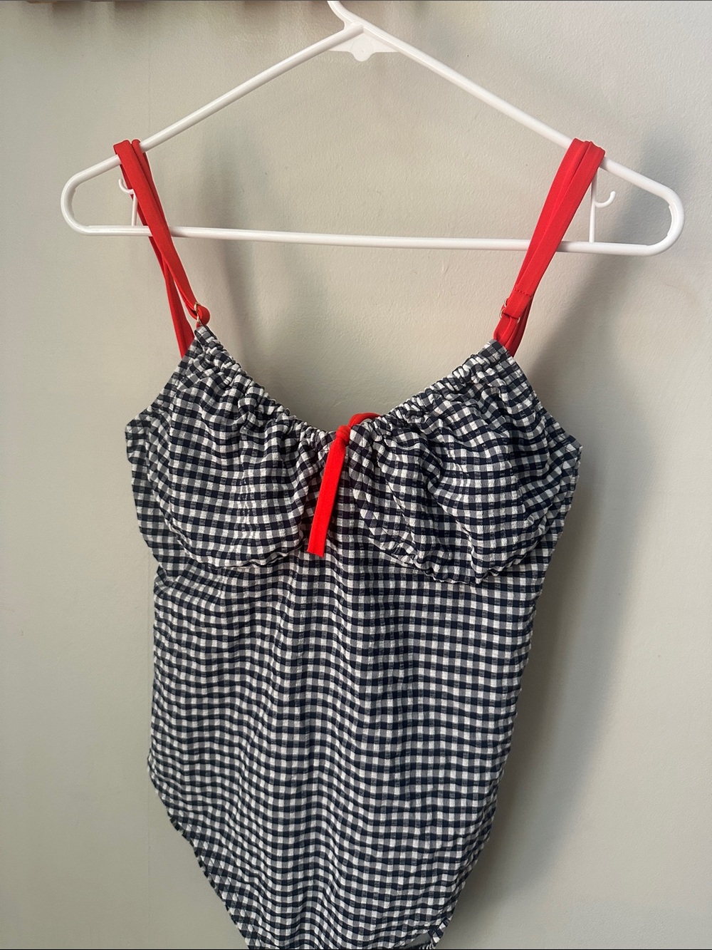 NWT LOFT Blue-and-White Gingham One-Piece Swimsuit with Red Straps